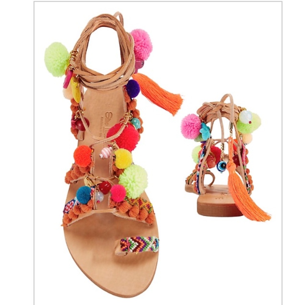 Women’s Multicolor Pom-Pom Gladiator Sandals - Boho Summer Wrap